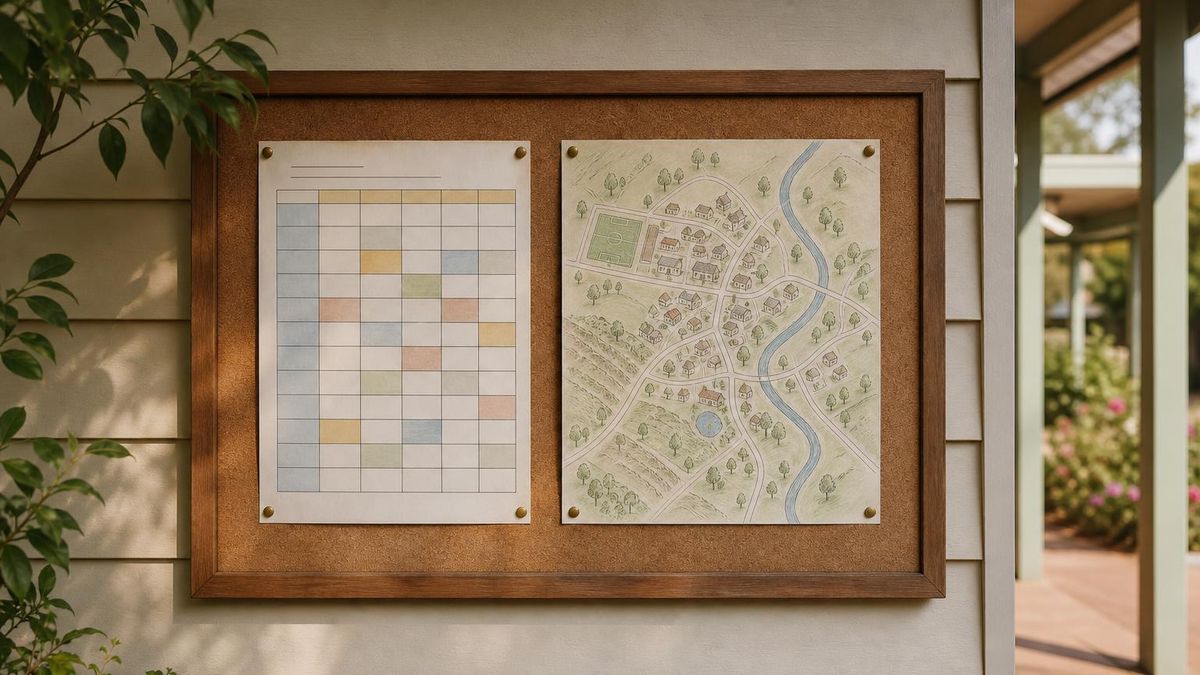 A community notice board with a school schedule sheet and a hand-drawn local map